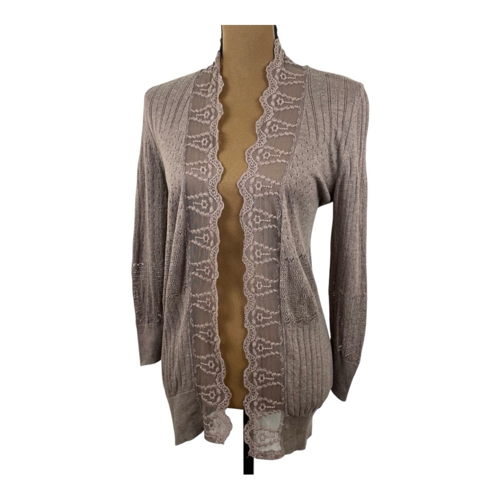 American Rag Lace Trim Open Front Cardigan Sweater Cocoa Brown Size S